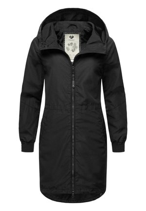 Black waterproof jacket with a high collar, zip closure, elastic cuffs, and side pockets. Features a smooth texture and fitted waist.