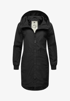 Schwarze wasserdichte Jacke mit hohem Kragen, Reißverschluss, elastischen Bündchen und Seitentaschen. Sie hat eine glatte Textur und eine taillierte Passform.