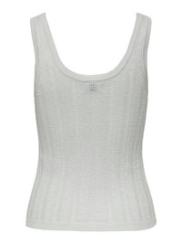 Débardeur en maille blanc sans manches avec un col rond et un motif texturé vertical sur toute la surface du tissu.