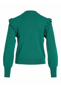 Grön ribbad stickad tröja med långa ärmar och volangdetaljer på axlarna, visad bakifrån.