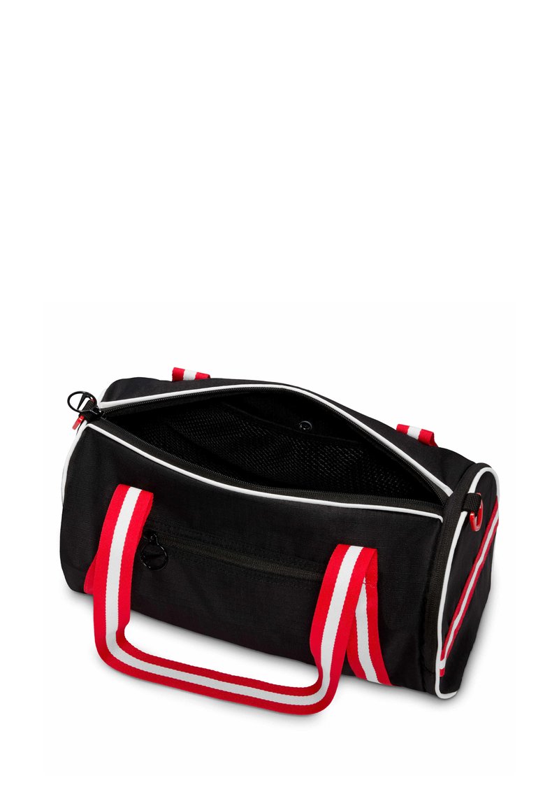 Borsa a duffel nera con piping bianco, manici a righe rosse e bianche e una cerniera superiore aperta che mostra una tasca interna in rete.