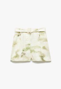 Pantalones cortos color crema con un patrón de acuarela verde, que cuentan con un cinturón y un diseño de frente plisado. Tela suave con una textura agradable.