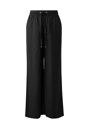 Zwarte wijde broek met elastische tailleband en verstelbaar trekkoord, gemaakt van lichtgewicht stof.