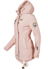 Pink soft-shell jacket with a hood, cinched waist, featuring zippers, patches, and drawstring accents at the hem and cuffs.