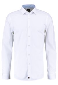 Biała bawełniana koszula z długim rękawem, z zapięciem na guziki, klasycznym kołnierzem oraz niebieskim wzorzystym wykończeniem wewnętrznego kołnierza.