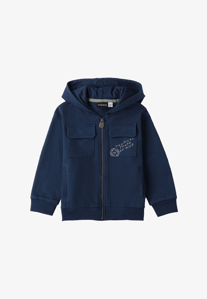 Veste à capuche bleu marine en tissu doux, dotée d'une fermeture éclair à l'avant, de deux poches poitrine et d'un imprimé graphique sur la gauche.