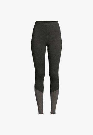 Leggings neri con un design aderente, che presentano un pannello grigio scuro testurizzato all'orlo. Vita alta e tessuto morbido per il massimo comfort.