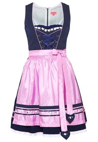 Robe dirndl avec un corsage bleu marine à pois, une jupe en satin rose, un devant à lacets, des éléments décoratifs en métal et des accents de ruban.