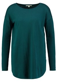 Türkisfarbenes Langarmshirt aus weichem Stoff mit einem breiten Rundhalsausschnitt, Seitenschlitzen am Saum und einem kleinen Logodetail an der unteren Seite.