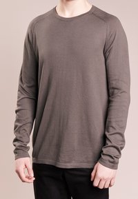 Maglione grigio a maniche lunghe realizzato in morbido tessuto, con scollatura rotonda e dettagli di cucitura sottili lungo le spalle e i lati.