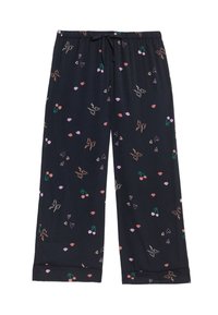 Svarta pyjamasbyxor med ett upprepat mönster av körsbär, läppar och hjärtan i olika färger. Elastisk midja med snörningsdetalj.