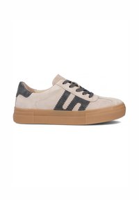 Sneakers w jasnym beżowym zamszu z szarym zamszowym piętą i dekoracyjnymi szarymi akcentami. Posiada okrągłe sznurowadła i gumową podeszwę.