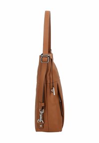 Bolso de hombro de cuero marrón con superficie texturizada, correa ajustable, bolsillo lateral con cremallera y acentos en hardware plateado.
