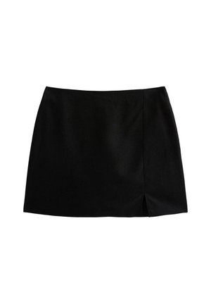 Black mini skirt with a straight cut, featuring a subtle side slit. Made from a smooth fabric with a clean, unembellished design.