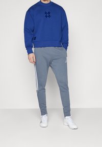 Felpa blu con un logo discreto, abbinata a pantaloni da tuta grigi a sigaretta con strisce bianche. Modello indossa scarpe da ginnastica bianche.