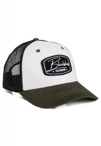 Adjustable baseball cap featuring a white front, olive green brim, and black mesh back. Includes a black embroidered logo patch.