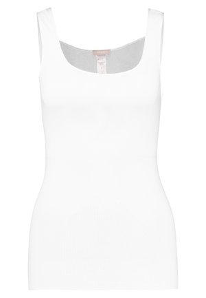 Top bianco senza maniche con scollatura a barca e spalline larghe. Realizzato in un materiale liscio ed elasticizzato. Presenta una silhouette aderente.