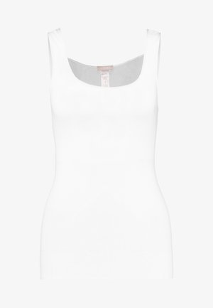 Hvid top med rund halsudskæring og brede stropper. Lavet af et glat, strækbart materiale. Har en tætsiddende silhuet.