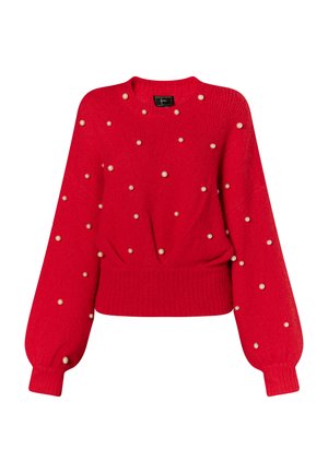 Roter gestrickter Pullover mit Rundhalsausschnitt und langen Ärmeln. Verzierte mit weißen Perlenakzenten über der Vorderseite und dem Oberkörper.