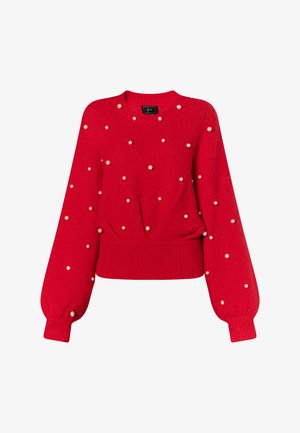 Roter gestrickter Pullover mit Rundhalsausschnitt und langen Ärmeln. Verzierte mit weißen Perlenakzenten über der Vorderseite und dem Oberkörper.