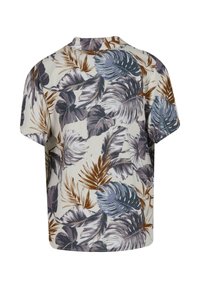 Rövid ujjú ing, amely krém alapszínnel rendelkezik, nagy lila és kék trópusi levél mintákkal, díszített gallérral és laza szabással.