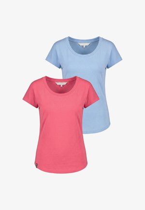 Two plain cotton short-sleeve crewneck t-shirts, one pink in front and one light blue behind, both with small size tags visible.