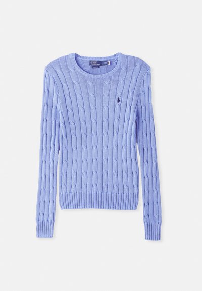 Light blue knitted sweater with cable pattern, ribbed cuffs, and hem. Features a small logo on the chest. Classic crew neckline.