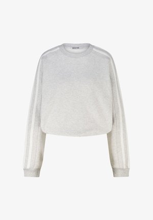 Hellgraues kurzes Sweatshirt mit Rundhalsausschnitt, langen Ärmeln und weißen, entlang jedes Ärmels verlaufenden gestickten Streifen.