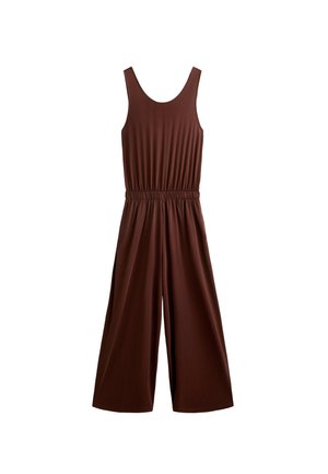 Tuta senza maniche marrone con un design a gamba larga, vita elastica, texture morbida e scollo a barca, caratterizzata da un tessuto liscio e fluido.