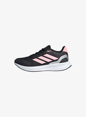 Schwarze Sportschuhe mit pinken Akzenten, Obermaterial aus Mesh, drei weiße Streifen, silberne Details und einer dicken weißen Zwischensohle. Gummilaufsohle.