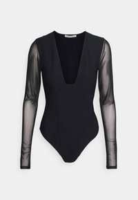 Zwarte bodysuit met een diepe V-hals en lange doorschijnende mouwen, met een aansluitend ontwerp en een gladde textuur. Let op de contrasterende matte en doorschijnende materialen.