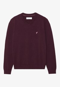 Suéter de cuello en V de punto burdeos oscuro con mangas largas. Presenta un pequeño logo de ave rosa en el pecho. Textura suave con puños acanalados.