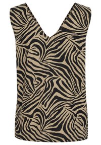 Haut sans manches en tissu beige avec un motif de rayures de zèbre noir, doté d'un décolleté en V profond et d'une surface texturée.