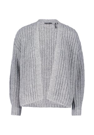 Cardigan en tricot épais gris clair avec une ouverture sur le devant, des épaules tombantes et des poignets côtelés. Motif texturé avec une apparence douillette.