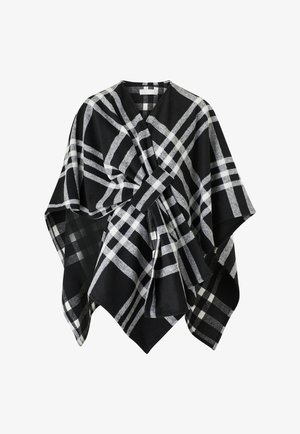 Sort og hvidt ternet poncho lavet af blødt stof. Har et draperet design med V-hals og en knyttet central detalje.