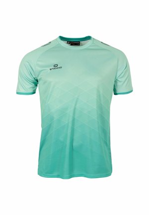 Maillot de sport à manches courtes turquoise clair avec un motif losange subtil et le logo Stanno sur la poitrine et les épaules.