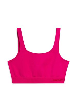 Sujetador deportivo de color rosa brillante con tirantes anchos y banda elástica en la parte inferior, que presenta un pequeño logo "FREDDY" en el lado inferior derecho.