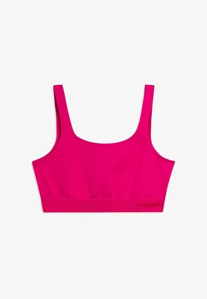 Sujetador deportivo de color rosa brillante con tirantes anchos y banda elástica en la parte inferior, que presenta un pequeño logo "FREDDY" en el lado inferior derecho.