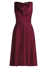 Bordeaux kleed met een cowl halslijn, een aansluitende taille met een riem en een uitlopende rok. Gemaakt van gladde, glanzende stof met een getailleerde pasvorm.