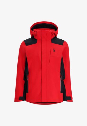 Rote Skijacke mit schwarzen Akzenten, wasserabweisendem Stoff, verstellbarer Kapuze, vorderen Reißverschlüssen und Spinnenlogo auf der Brust.