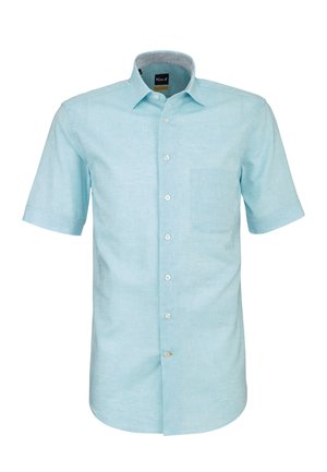 Camicia da uomo azzurro chiaro a maniche corte con bottoni, taschino sul petto e fodera interna del colletto a texture.