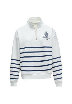 Sudadera blanca con rayas horizontales azul marino, cremallera hasta la mitad del cuello y logotipo bordado en el pecho. Tejido suave y texturizado.