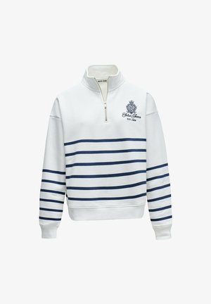 Felpa bianca con strisce orizzontali blu navy, zip a metà collo e logo ricamato sul petto. Tessuto morbido e testurizzato.