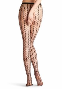 Collants en filet noir avec motif en diamants, en matériau transparent, taille élastique et design à bout ouvert. La texture est légère et respirante.