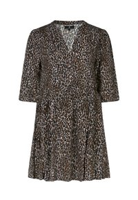 Robe imprimée léopard en tissu léger avec un décolleté en V, des manches courtes et une jupe évasée. Comprend des tons noirs, marron et beige.