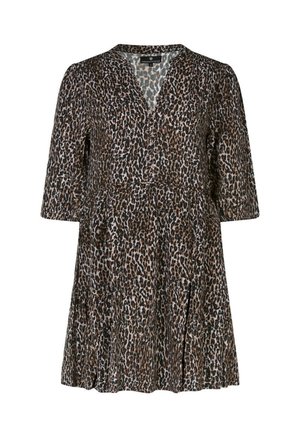 Robe imprimée léopard en tissu léger avec un décolleté en V, des manches courtes et une jupe évasée. Comprend des tons noirs, marron et beige.