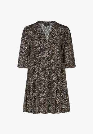 Robe imprimée léopard en tissu léger avec un décolleté en V, des manches courtes et une jupe évasée. Comprend des tons noirs, marron et beige.