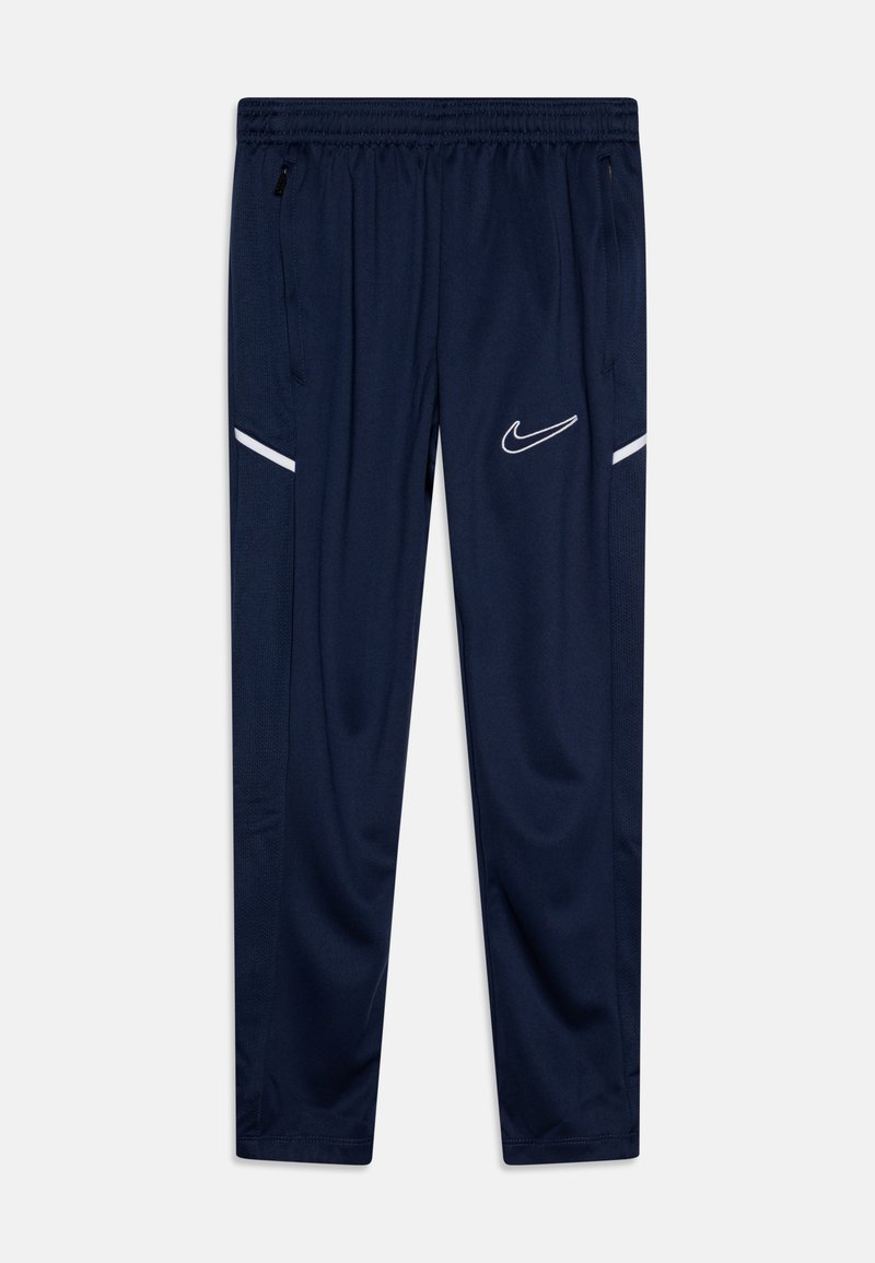 Marineblaue Trainingshosen mit elastischem Bund, zwei Seitentaschen, weißen Akzenten und Nike-Logo auf der linken Seite. Hergestellt aus leichtem Stoff.