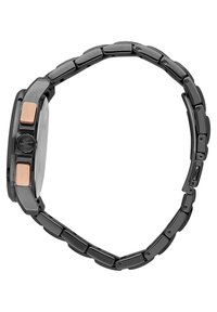 Zwarte metalen polshorloge met een geschakelde band, voorzien van roségouden accenten aan de zijkanten en een ronde wijzerplaat die zichtbaar is vanuit de zijaanzicht.