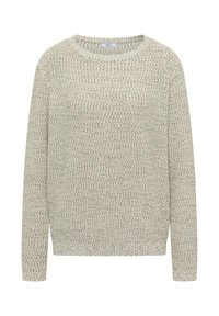 Pull en maille chinée vert clair et beige, à manches longues et col rond, avec poignets et ourlet côtelés.